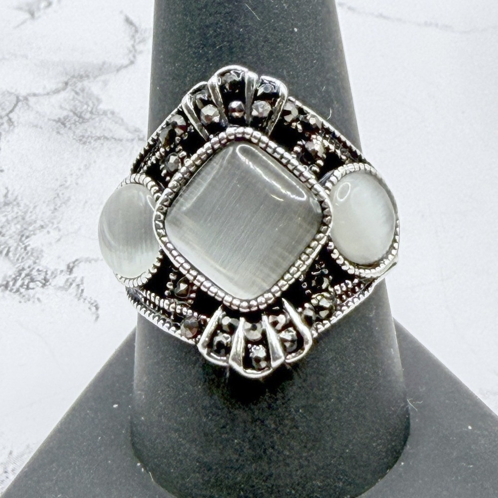 Silver Tone White Glass Marcasite Style Statement Ring Multiple Sizes See Video
